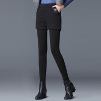 黑色[春秋薄款] M 建议75-100斤 薄款/加绒加厚假两件打底裤女士冬外穿弹力短裤裙保暖高腰小脚裤