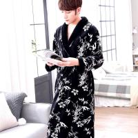 056黑底白花-男款 M 法兰绒睡袍男秋冬季加厚加绒珊瑚绒浴袍女睡衣大码浴衣长款家居服
