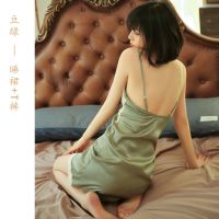 豆绿睡裙 - 睡裙+T裤 M 80-100斤 性感睡衣女私房吊带裙夏季套装深V蕾丝薄款睡裙浴袍显白冰丝外穿