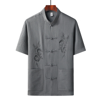 [双龙款/单件]深灰色 39/165[建议90-115斤] 唐装男夏季套装中老年短袖薄款中国风男士休闲爸爸装绣花透气衣服