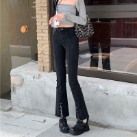 黑色 大码L 微喇牛仔裤女显瘦裤子女大腿粗胯宽屁股大高腰开叉钉珠大码喇叭裤