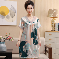 W726 M[80-100斤穿] 中老年人睡裙女夏季冰丝薄款短袖仿真丝绸宽松加大码妈妈睡衣裙子