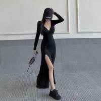 黑色 S 腰大摆连衣裙绑带型长裙性感交叉修身腰高气质韩镂空露版V领开叉