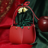 酒红皮桶+墨绿绒布袋(1个装) 圣诞节苹果盒手提皮包高档平安果包装袋子创意个性礼物盒小糖果袋