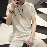 杏色短裤套装 M 爸爸夏装中年男士棉麻短袖t恤夏季40-50岁中老年亚麻男装父亲套装