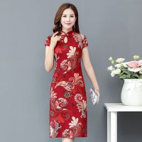 红色短袖 XL 妈妈春秋装大码复古旗袍中长款连衣裙中老年人女夏装洋气碎花裙子