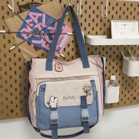 粉色送徽章 帆布包女单肩大容量夏季斜挎百搭学生ins装书上课撞色单肩斜挎包