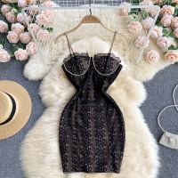 黑色 S 名媛风裙子高级感女装性感睫毛蕾丝抹胸修身短款吊带连衣裙女夏装