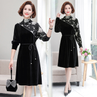 606黑色 XL 妈妈春秋装连衣裙40岁50中年女金丝绒长袖裙子中老年人过膝打底裙
