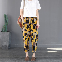 黄色几何 XL[建议80-105斤] 中老年女裤夏季薄款妈妈裤子老年人棉麻花色九分裤宽松大码直筒裤