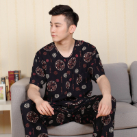 男短长-红龙 L(100-125斤) 夏季中老年绵绸短袖睡衣男士大码人造棉爸爸套装全棉绸开衫家居服