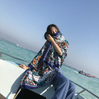 蓝色 夏天围巾防晒薄款棉麻沙滩丝巾披肩海边旅游拍照纱巾超大长款三亚