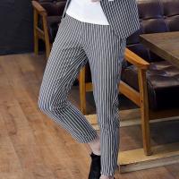 82黑色一条裤子 M 90-105斤 男中袖条纹西装套装夏季修身七分袖西服三件套时尚薄款外套工作服