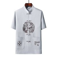 浅灰色单件上衣 圆龙刺绣 39/165 建议90-115斤 唐装男中老年爸爸爷爷装夏装男士冰丝棉麻中国风短袖套装夏季衣服