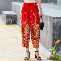 39号色 4XL 腰围2尺8--3尺2 中老年女九分裤夏季绵绸裤花裤子休闲阔腿裤松紧腰妈妈装灯笼裤