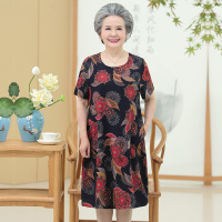 黑花色 L码(建议体重70-90斤) 中老年人夏装绵绸女装裙子奶奶中长款连衣裙妈妈短袖婆婆长裙过膝