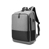安居先森0615大容量带外置USB充电口简约撞色双肩包电脑包 灰色