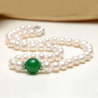43厘米 天然淡水真珍珠项链 7-8mm微瑕强光 椭圆绿玛瑙款 送妈妈生日礼物