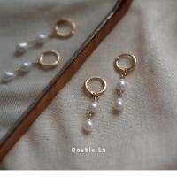 耳扣款天然淡水珍珠两颗流苏米珠 高保色镀金水滴珍珠耳圈天然强光巴洛克珍珠耳环 流行优雅耳饰