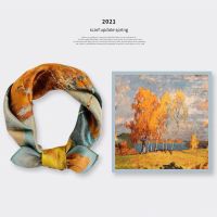 秋意油画 丝巾女百搭春秋真丝桑蚕丝冬季薄气质小方巾装饰围巾法式丝巾发带