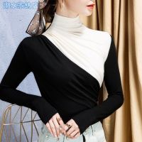 黑色 S 2021欧货小衫加绒打底衫女装秋冬时尚洋气内搭拼接黑白上衣