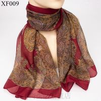 XF009 枣红 民族风复古丝巾青花瓷图腾印花围巾女装饰薄丝巾长条领巾雪纺沙巾