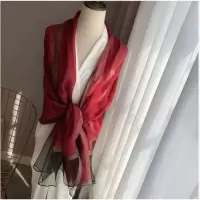 大红[金丝边款] 桑蚕丝丝巾高档真丝丝巾长款真丝羊毛绣花围巾披肩女士妈妈款刺绣
