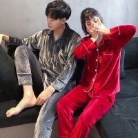 灰色+红色 依 女M(85-100斤) 睡衣情侣春秋款金丝绒加大码胖MM200斤女士男士结婚套装家居服冬