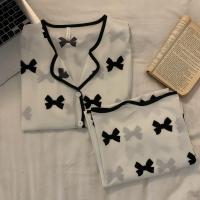 白底蝴蝶结 [薄款] M 冰丝睡衣女春秋长袖薄款开衫仿真丝丝绸夏季套装女士可外穿家居服