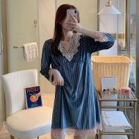 2581深灰[裙子] M码[建议80-105斤] 金丝绒睡衣女秋冬季长袖睡裙加大码宽松胖mm200斤高档孕妇家居服