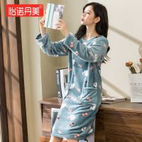 墨绿[裙] L(90-115斤) 秋冬季加厚法兰绒睡裙珊瑚绒睡裙可爱女睡衣长袖柔软长裙