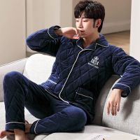 蓝色皇冠[三层加厚] 3XL 建议165-195斤 冬季睡衣男士三层加厚加绒保暖珊瑚绒夹棉袄套装可外穿大码家居服