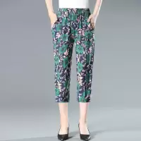 绿大花 1XL建议90-110斤 妈妈七分裤中老年女裤高腰弹力妈妈裤子中裤大码中年女裤7分裤女