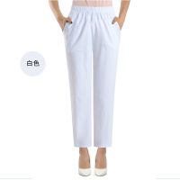 白色 款 XL[建议90-105斤] 夏薄款棉中老年直筒九分裤中年女裤子高腰弹力休闲裤松紧腰妈妈装
