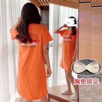 203#[胸垫固定] L码(建议100-115斤) 带胸垫睡裙女夏棉质短袖睡衣女夏季春秋长款过膝免穿内衣家居服