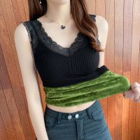 黑色 均码 高弹力 (建议85-130斤) 保暖加厚加绒背心女秋冬带胸垫蕾丝V领内搭吊带打底衫女上衣潮