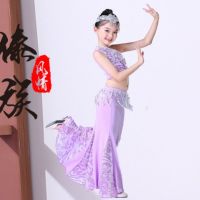 紫色 儿童110(适合身高100-113) 儿童傣族舞蹈演出服鱼尾裙弹力单肩孔雀舞女童少儿民族表演服亮片
