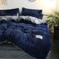 三秒速热--藏蓝+深灰 155x210cm 单被套 被套+床单+枕套加厚双面绒冬法兰绒水晶绒床上用品套件珊瑚绒被罩