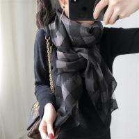 黑色 亮片镂空格子 丝巾女百搭韩版春秋格子亮片真丝羊毛桑蚕丝薄围巾披肩长纱巾秋季