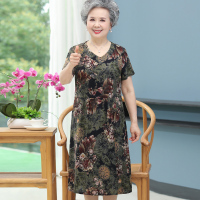 军绿色 L(建议70-90斤左右) 奶奶装连衣裙中老年人夏装女短袖妈妈裙子加肥加大码胖老太太衣服