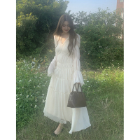 6998#吊带打底连衣裙 均码 雪纺连衣裙女v领宽松初恋感褶皱仙女裙春季法式复古气质别致裙子