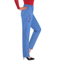 2100浅蓝绣花(不加绒) L 建议90-115斤 冬季中老年女牛仔裤厚款加绒弹力高腰妈妈长裤宽松大码直筒女裤子