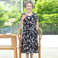 藏青底白花 XL(建议105斤内穿) 奶奶夏装连衣裙中老年人女妈妈短袖棉绸裙子60岁70老太太长裙收腰