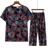 60号花型 XL(建议95-115斤) 中老年女装夏季短袖T恤衫妈妈冰丝时尚上衣老奶奶绵绸裤子两件套