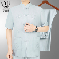 S0010灰蓝(套装) 170/M 唐装男中老年夏季套装爸爸短袖衬衫爷爷上衣薄中年男士中国风汉服