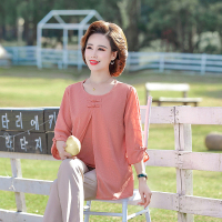 橘色单上衣 XL[建议90-110斤] 中年女士宽松妈妈春装长袖中老年夏季棉麻短袖T恤上衣裤子两件套