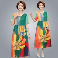 绿色 L[建议90-105斤左右] 中老年人花色连衣裙女大码妈妈夏装显瘦遮肚裙子洋气大摆过膝长裙