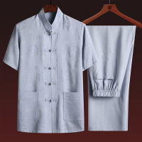 圆龙灰色[套装] 165/39[100-130斤] 中老年唐装短袖男士套装夏季爷爷立领中式盘扣宽松大码改良爸爸装