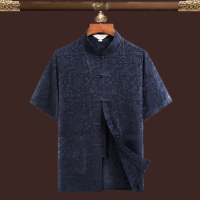 藏青色衣服 39建议100-120斤 夏季短袖唐装男士衬衫中老年中国风亚麻爸爸装加肥加大码棉麻套装