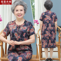 藏青 XL(建议80-100斤) 奶奶夏装连衣裙中老年人绵绸裙子妈妈夏季太太中长款过膝短袖女裙